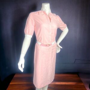VINTAGE Shirtwaist Dress Pink High Neck Belted Short Sleeve KC Petites Size 10